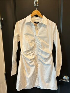 Lulu's White Ruched Button-Front lined Long Sleeve Shirt Dress